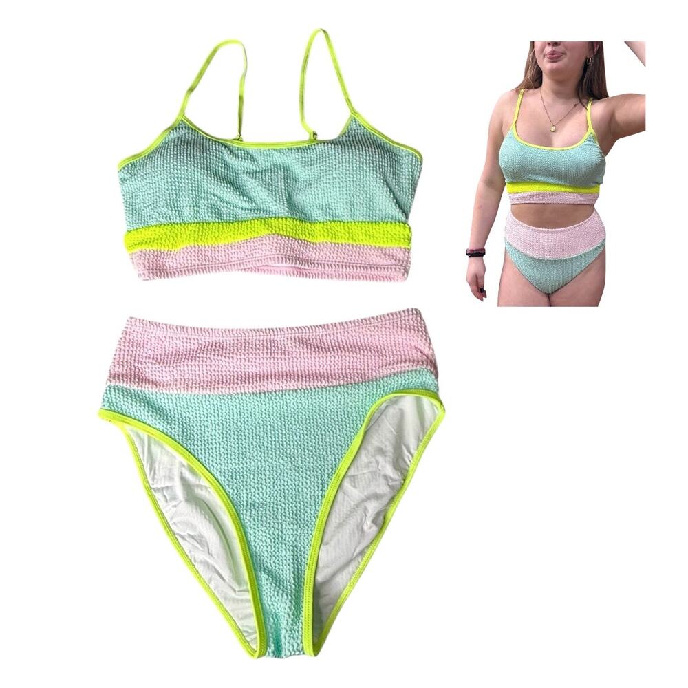 NEW Color Block Scoop Neck Two Piece SWIMSUIT Women's MED Bikini Pink Teal Beach